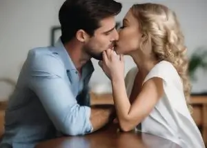 Uomo e donna seduti a un tavolo si guardano intensamente e si baciano la mano, simbolo di intimità e connessione nella relazione di coppia