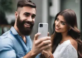 Uomo e donna che si scattano una foto con lo smartphone per migliorare il profilo sui social