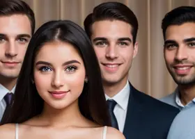 Donna sicura di sé in primo piano con dietro uomini sorridenti, simbolo di indipendenza e selezione dei rapporti