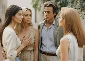 Uomo circondato da donne mentre avvia una conversazione in un contesto sociale