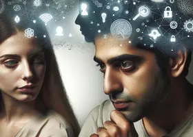 Uomo pensieroso mentre una donna lo osserva attentamente riflettendo sul mindset vincente