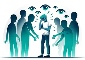 Uomo al centro circondato da persone che parlano simbolo di relazioni sociali e pressione sociale
